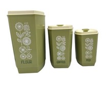Lustro Ware Avocado Green Canisters &amp; Lids Set Of 3 Flour Coffee Tea MCM... - £29.37 GBP