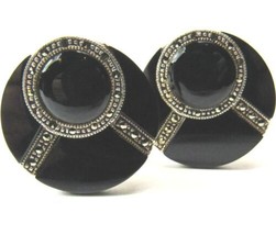 Vtg Sterling Silver Black Onyx Marcasite Stone Clip Non Pierced Earrings 16.8 Grm - £37.58 GBP