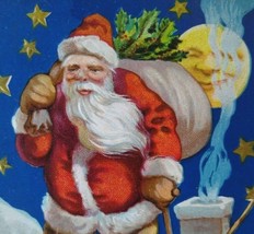 Santa Claus Christmas Postcard Moon Man Face Gold Stars Chimney Embossed Vintage - £34.76 GBP