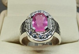 925 Sterling Silver Certified 6.25ct Pink Sapphire Large Statement Men&#39;s Ring - £329.75 GBP