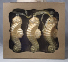 Seahorse Ornaments Blown Glass Glitter Accents Gold Set of Three Hanging - £22.96 GBP