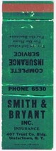 Matchbook Cover Smith &amp; Bryant Insurance Watertwon New York - £0.77 GBP