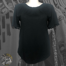 Belle Kim Gravel Womens Black Knit Short Sleeve Pom Pom Top Pullover Shirt Sz M - £23.59 GBP