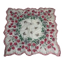 Vintage All over Print Scallop Border Red Pink Roses Flowers Floral Hankie - £12.00 GBP
