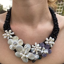 20&quot;Floral Black Onyx Handmade Unique Polished Choker White Shell &amp; Pearls Bib Ne - £90.24 GBP