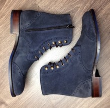 New Handmade Navy Blue Lace Up Wing Tip Brogue Zipper Leather High Ankle Boots - £115.80 GBP