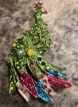 Handmade ~ Peacock ~ Pin/Brooch ~ Multicolored Gemstones ~ Goldtone Jewelry - £17.78 GBP