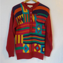 Y2K Vintage John Henry Pink Henley Sweater Geometric Multicolor Ramie Me... - £19.46 GBP