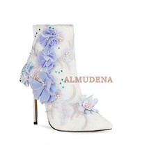 Embroidered Lace Flower Ankle Boots Woman Pointed Toe High High White Leather Bo - £141.06 GBP