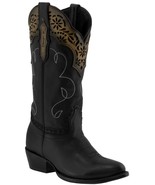 Black Leather Cowboy Boots Women Floral Overlay Round Toe - £71.20 GBP