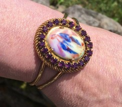 Purple Rhinestone Bracelet Porcelain Cameo Bracelet Bangle Our Lady of Grace - £70.17 GBP