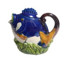 Vintage Minton Inspired Noveau Majolica Pottery 8&quot; Fish Teapot Tea Pot Pitcher - £26.03 GBP