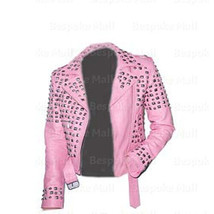 New Woman&#39;s Baby Pink Half Silver Studded Unique Biker Leather Jacket Belted-894 - £297.57 GBP