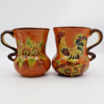 Maxcera Orange Rooster Pot Belly Coffee Mugs Set of 2 Tea Hand Painted Vintage - £32.00 GBP