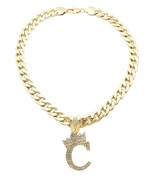 King &amp; Queen Initial Letter C Crystals Pendant Gold-tone Cuban Chain Nec... - $34.28 CAD