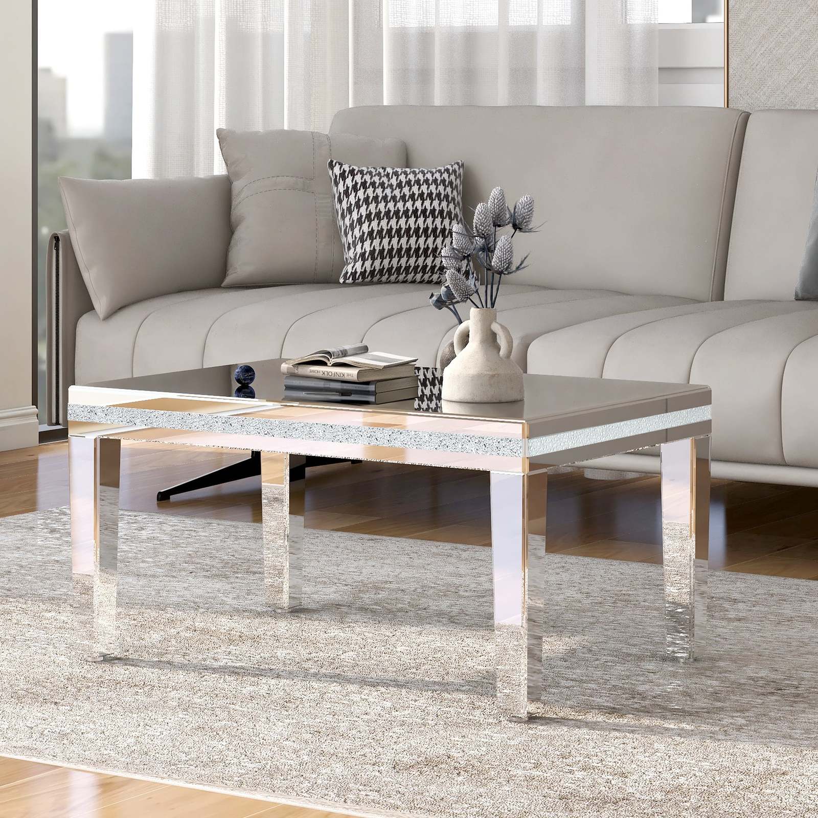 Modern Glass Mirrored Coffee Table | Adjustable Height - $213.99