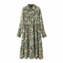 Zevity New Women Vintage  Leaves Print Pleats Green Midi Shirt Dress Female Chic - £74.24 GBP