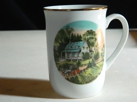 Vtg Currier &amp; Ives Coffee Tea Mug Cup &quot;Summer&quot; Scene Gold Trim Bone China- Japan - £15.60 GBP