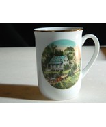 Vtg Currier &amp; Ives Coffee Tea Mug Cup &quot;Summer&quot; Scene Gold Trim Bone Chin... - £15.64 GBP