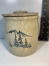 Vintage Pottery Crock -Almquist’s Old Time w/Lid-5.5” Beige/Blue Trees W... - $61.38