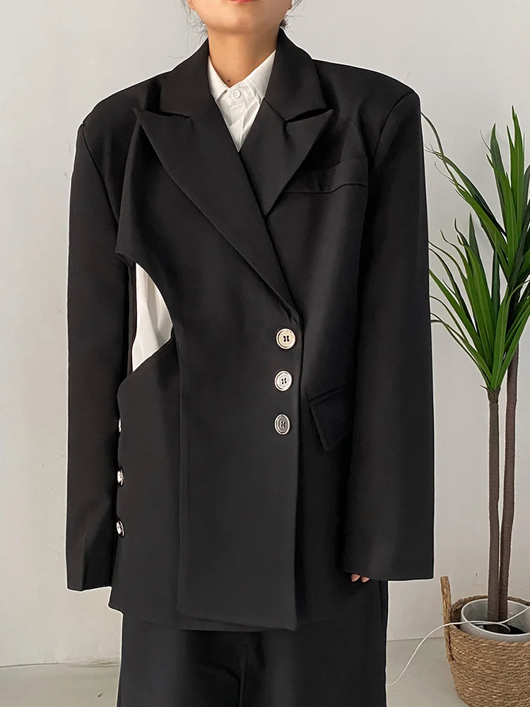 Women Black Cut-out Big Size Blazer  Lapel Long Sleeve Loose Fit Jacket  Tide Sp - £197.16 GBP