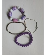 Bracelet Lot Of 4 Purple And Silver Tones Beads Assorted - £9.45 GBP