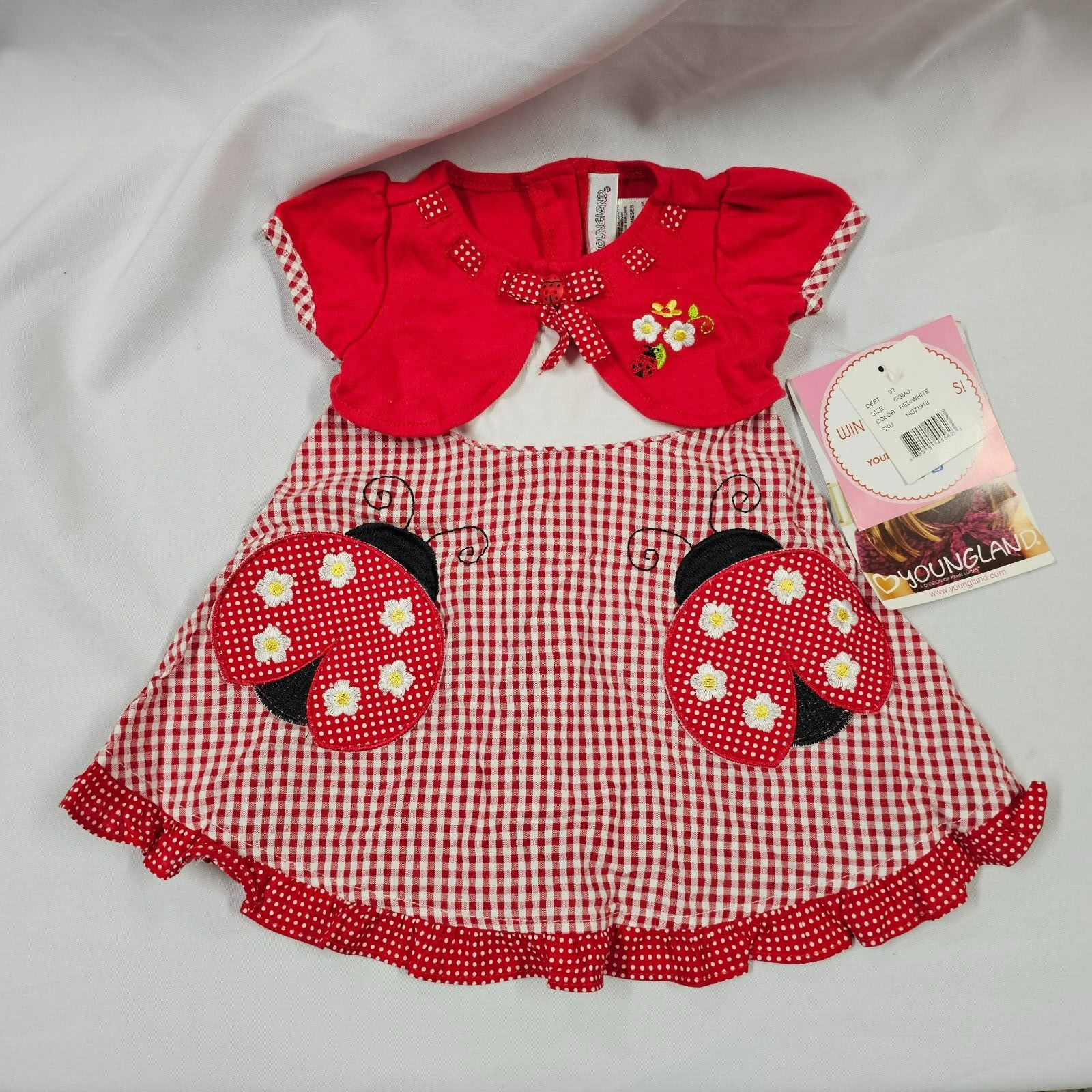 Vintage Baby Dress 6-9 m Youngland Red Gingham Ladybugs Ruffle Checkered Plaid - £10.98 GBP