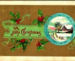 Holly WIndow Cabin Scene A Jolly Christmas Gilt Embossed 1910s DB Postcard - $3.91