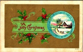 Holly WIndow Cabin Scene A Jolly Christmas Gilt Embossed 1910s DB Postcard - £3.07 GBP