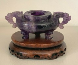 Antique Chinese Hand Carved Amethyst Footed Incense Burner on Wood Stand - $345.51