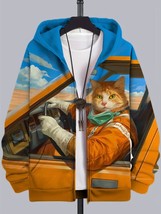 Men&#39;s Cat Mountain Racer Art Print Casual Zip Up Hooded Jacket - $30.00