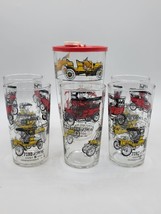 VTG Hazel Atlas Antique Car Cocktail Shaker w/Flip Top Lid  &amp; 5 Glasses/Tumblers - £26.21 GBP