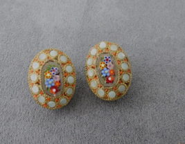 Antique Mosaic Earrings Flower Tiles Clip On  .75&quot; High Oval Gold Tone - £7.86 GBP