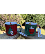 Pair Peanuts Snoopy &amp; Woodstock Mugs Cups Large Red Green Doghouse Chris... - £39.17 GBP