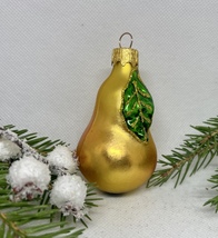 Pear gold with a green leaf glass Christmas handmade ornament, XMAS decoration - £11.34 GBP