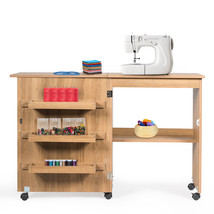 Folding Sewing Craft Table w/Storage Shelf Rolling Home Furniture Natural - £133.36 GBP