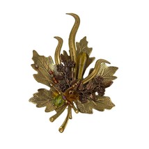 VTG Bronze Tone Maple Leave Metal Brooch Pin Beaded 90s - £14.17 GBP