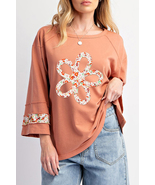 Grapefruit Orange Flower Exposed Seam Patchwork Loose Top - $39.99