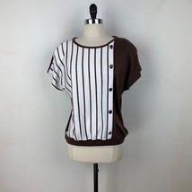 Vintage Aileen Cotton Knit Top Large Brown White Stripe Short Sleeves Re... - $25.74