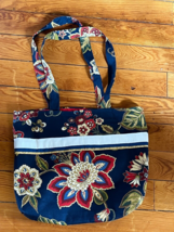 Nice Handmade Navy Blue w Red &amp; Tan Flowers Thick Fabric Tote Handbag wi... - $13.45