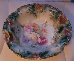 Vintage RS Prussia Porcelain Bowl 10&quot; Round Flowers Gold Edge Decorative... - $299.99
