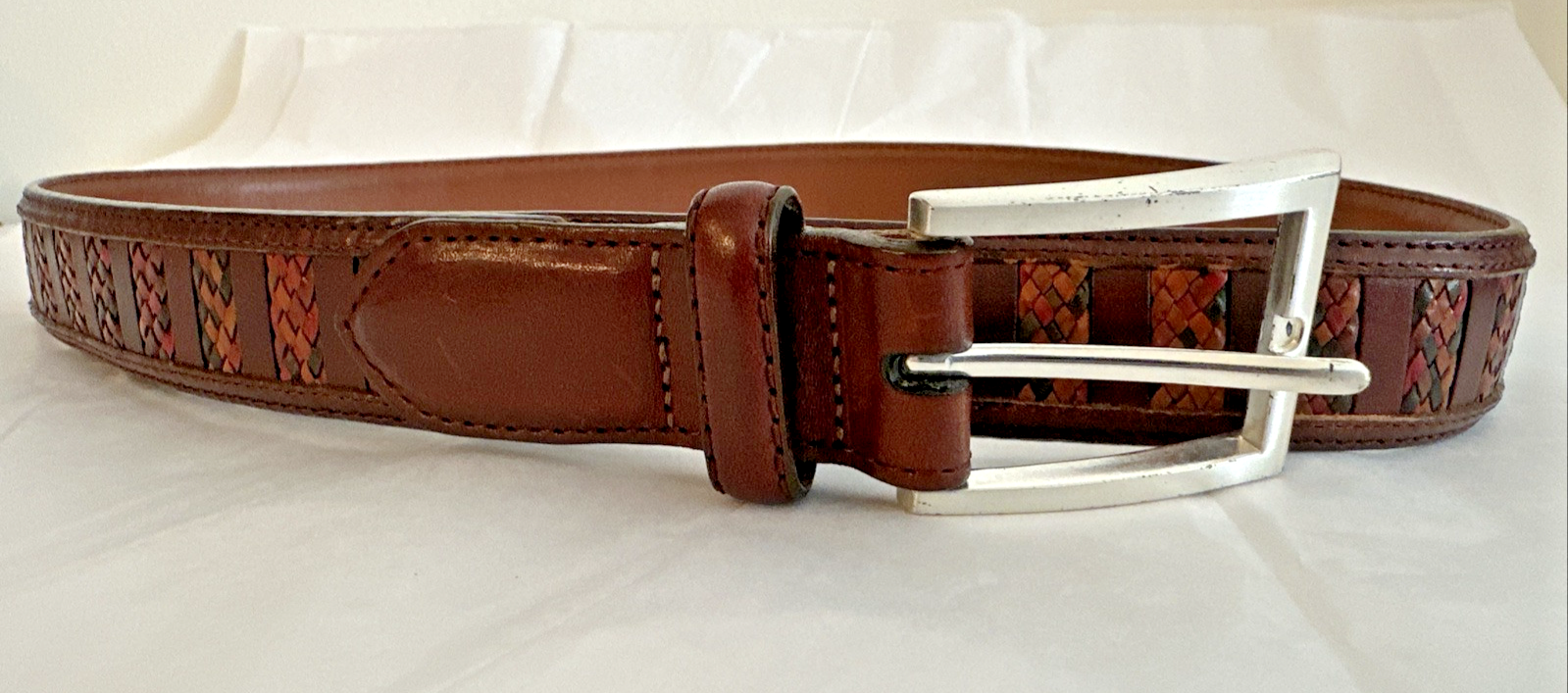 Brighton Brown Leather Belt Multi Color Woven Inserts Silver Metal Buckl... - £10.79 GBP