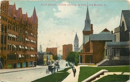 DB Postcard IA J379 Cancel 1912 Sixth Avenue Looking South from Park Des Moines - $7.43