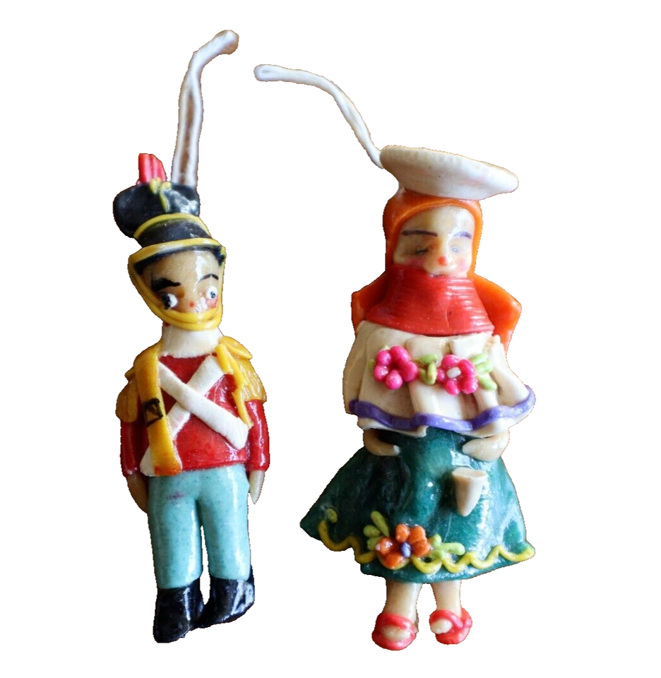 Lot 2x Salt Bread Christmas Ornaments Marzipan? Girl Soldier Folkart 3.25&quot; - $11.40