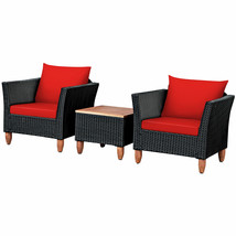 Outdoor 3Pcs Patio Rattan Furniture Set Wooden Table Top Cushioned Sofa Red - £258.89 GBP