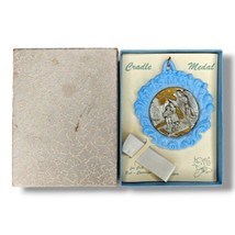 Vintage Religious Guardian Angel Baby Crib Cradle Medal Blue Plastic 195... - $11.24