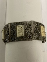 Old Hand Etched Carved Drawings Asian Ladies 6.5” Bracelet Silver Filigree - £50.27 GBP