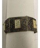 Old Hand Etched Carved Drawings Asian Ladies 6.5” Bracelet Silver Filigree - £51.52 GBP