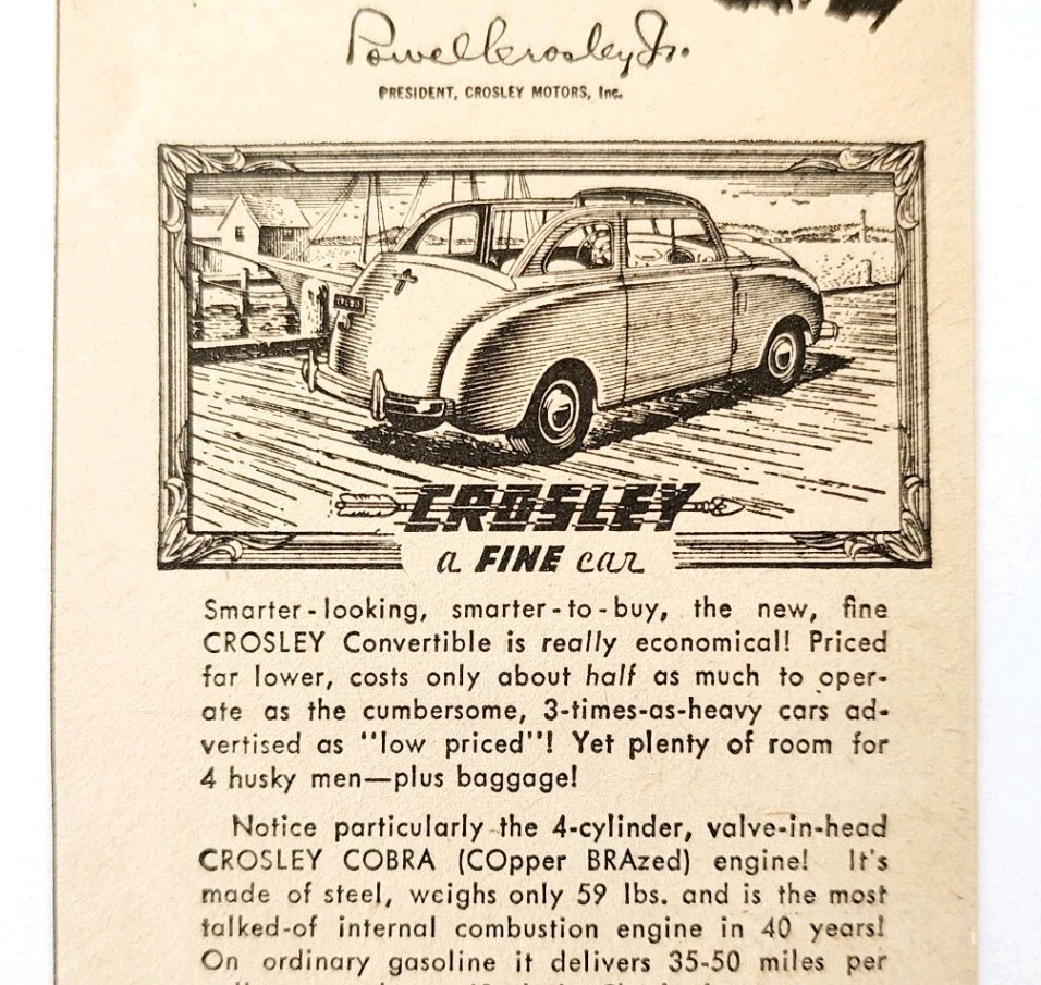 1947 Crosley Convertible Car Automotive Advertisement Vintage Automobili... - $19.99