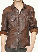 Stylish Long Sleeves Men’s Designed Lightweight Lamb Skin Brown Wax Leat... - $134.99